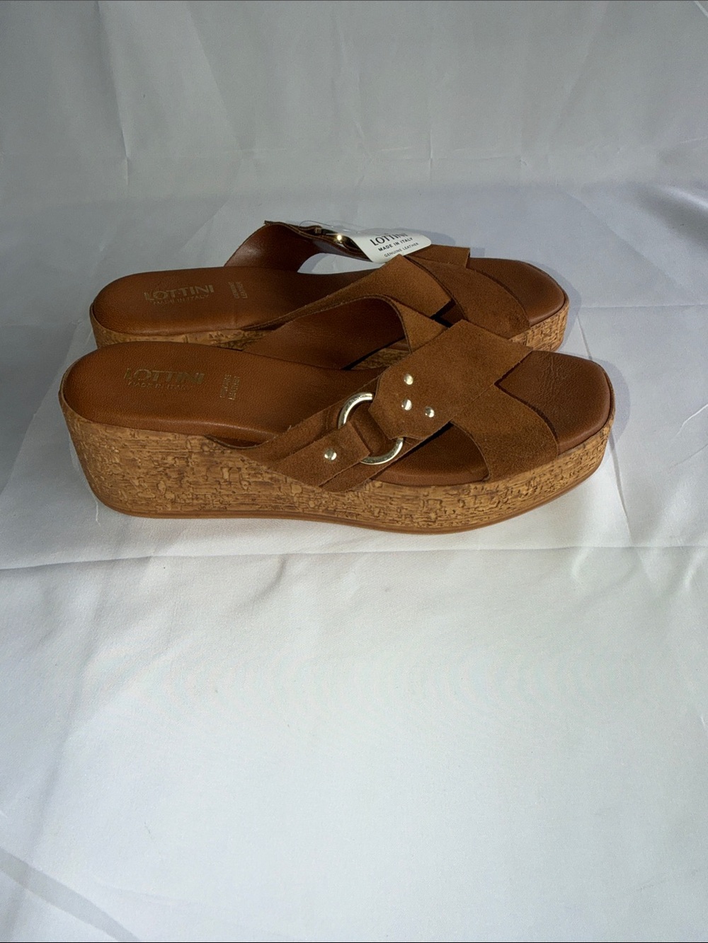 Lottini Italy Suede Cross Band Buckle Cork Wedge Slide Sandals Cuoio 9.5 NWT - Picture 3 of 6